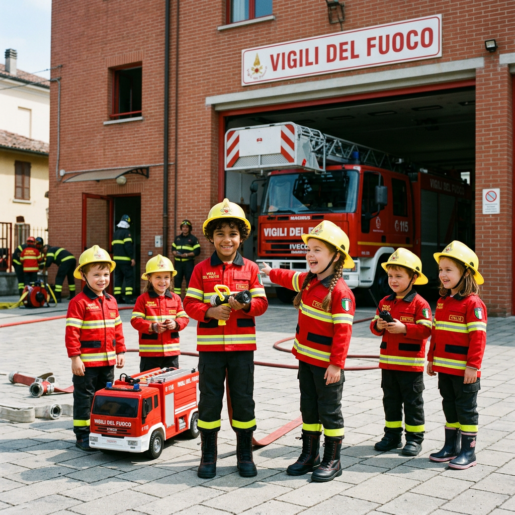 Five children in firefighter uniforms beside a fire engine at an Italian fire station