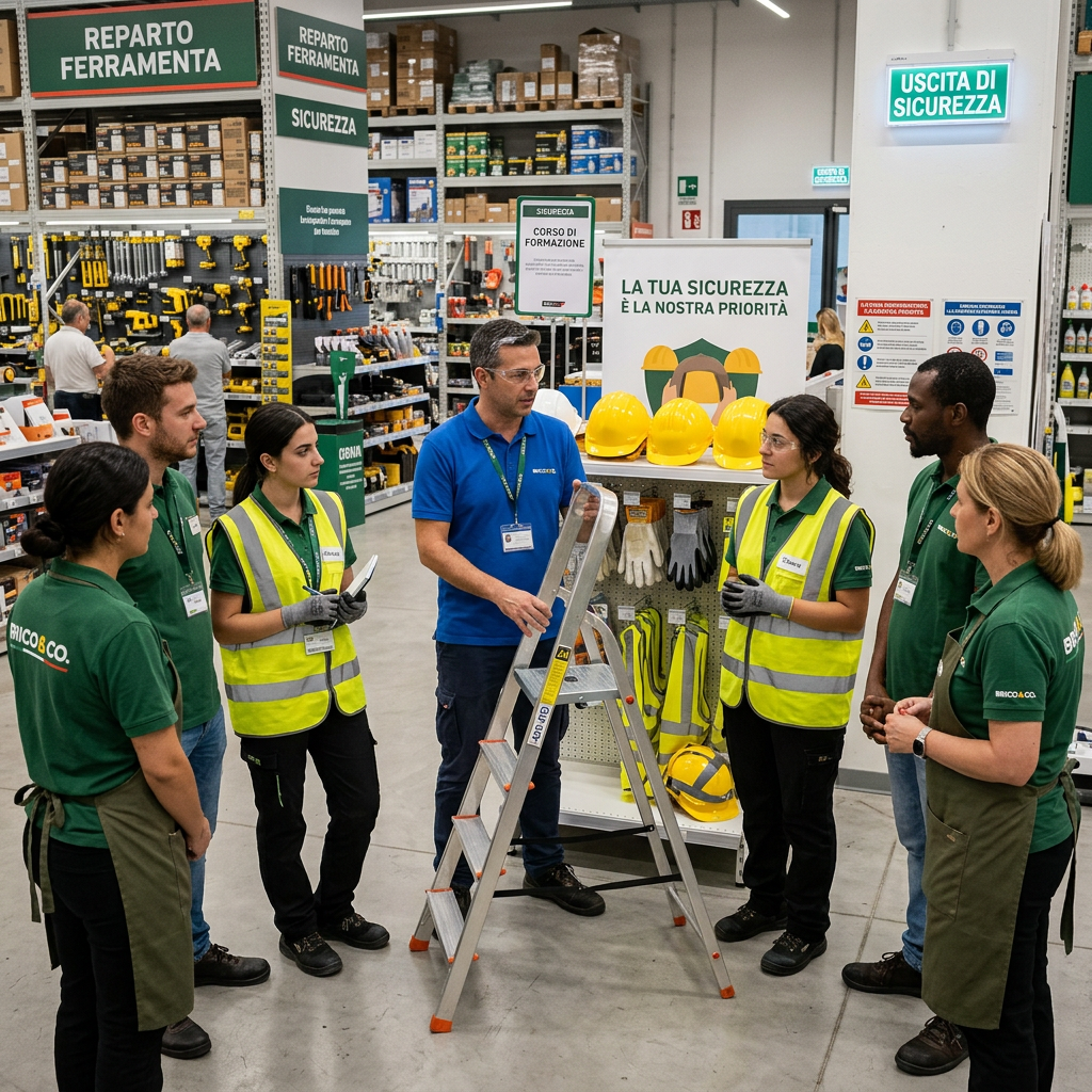 Safety instructor demonstrates ladder use to hardware store employees